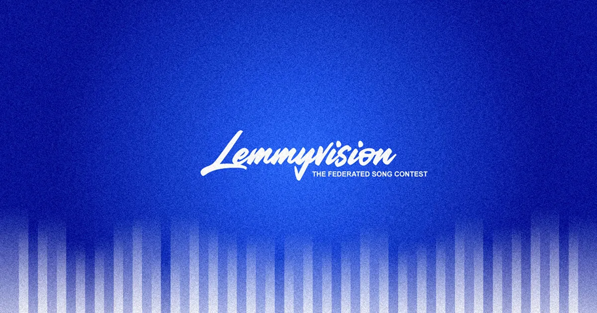 The Lemmyvision logo, overlaid on a grainy blue background with white vertical equalizer bars running along the bottom edge