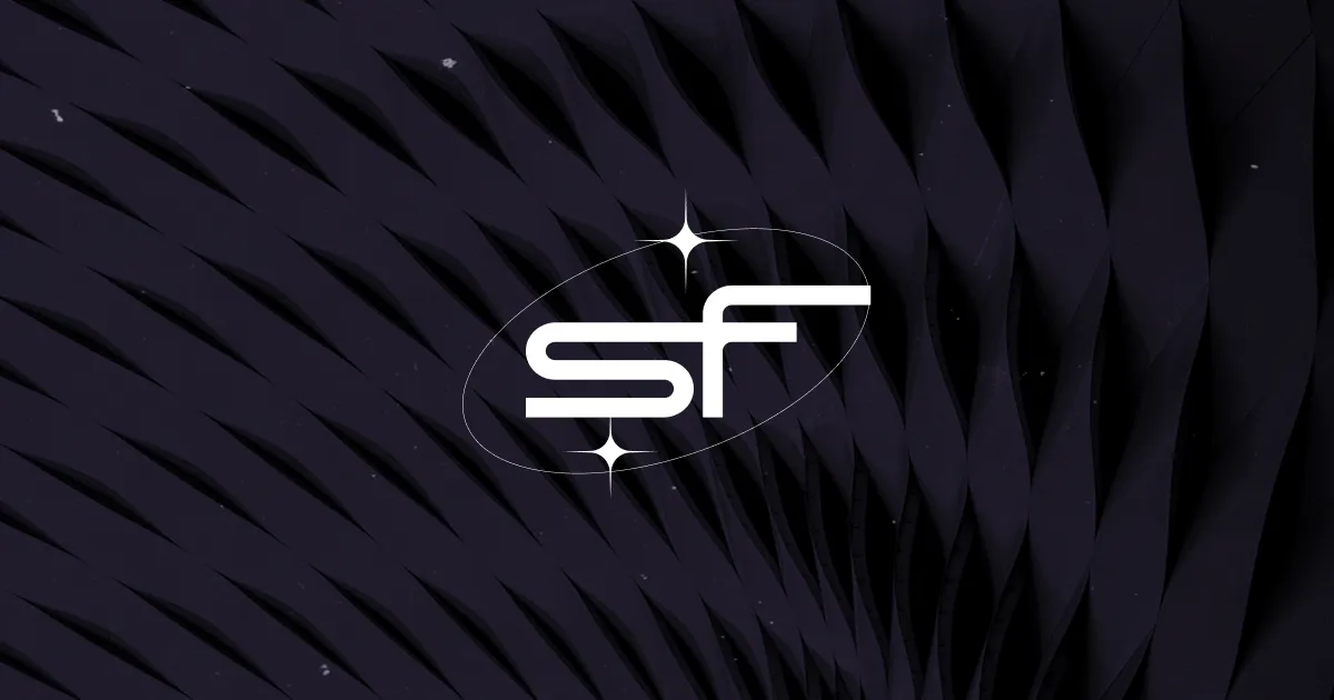 The Signforge icon enclosed in a thin oval with stars, set against a dark purple and textured architectural pattern
