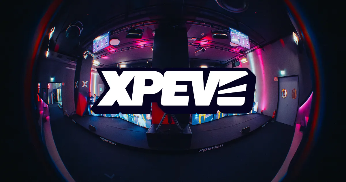 The new XPEvo logo on top of a fisheye-lens view of a dark, neon-lit esports arena, photo taken by Dominik 'Doomject' Jaeger.